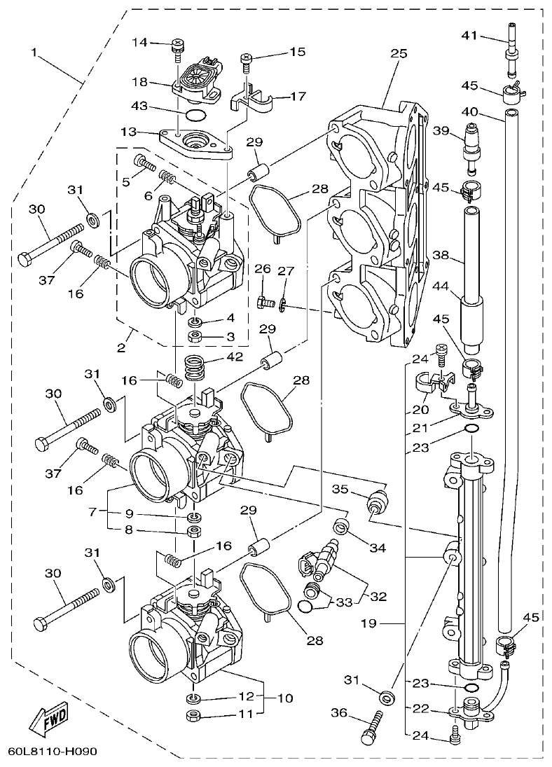 Yamaha F200BET, FL200BET THROTTLE BODY ASSY 1 parts diagram
